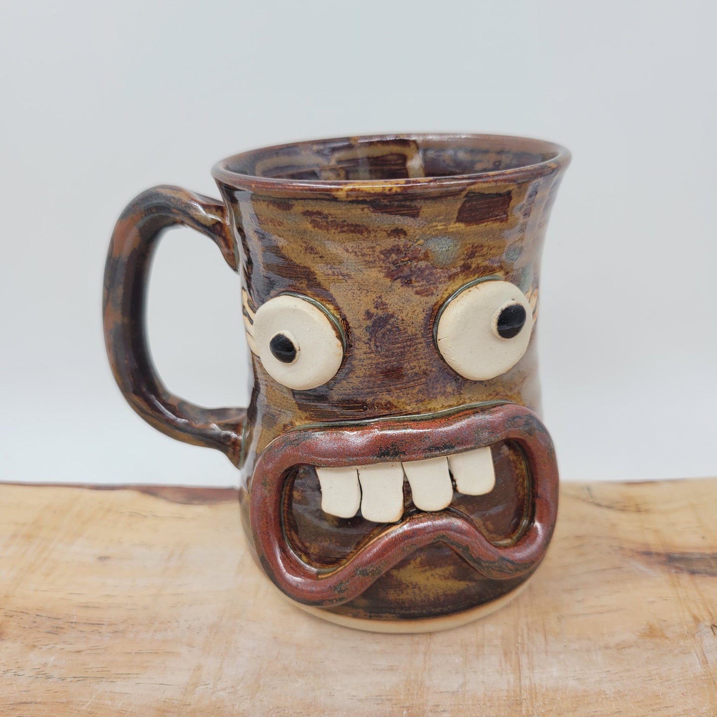 Funny Face Coffee Cup | 16 Ounces | Handmade Stoneware Pottery Mug | Rusty Brown