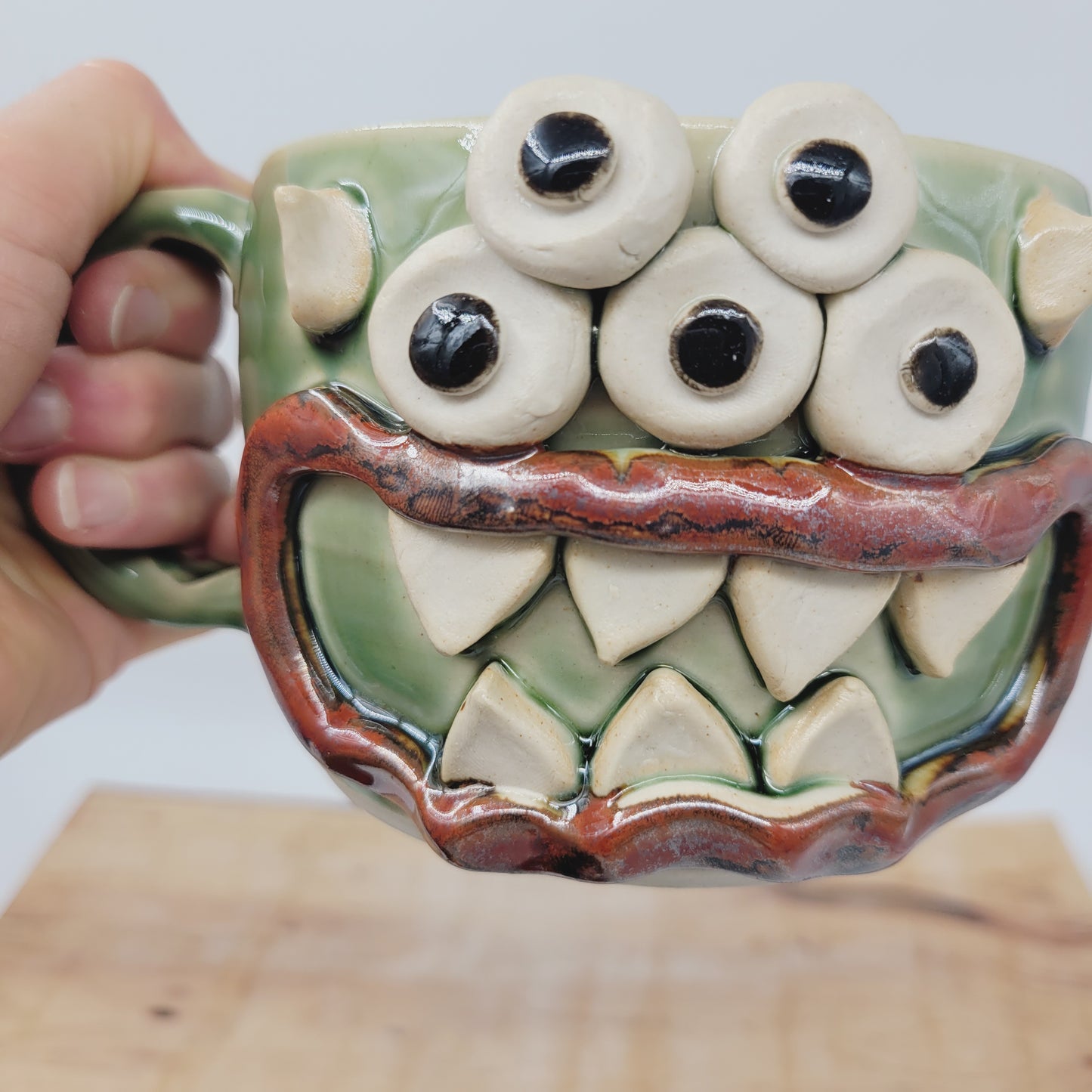Halloween Soup Mug | Eyeball Monster Crock | Funny Fall Autumn Pottery | Mother with Sense of Humor | Green