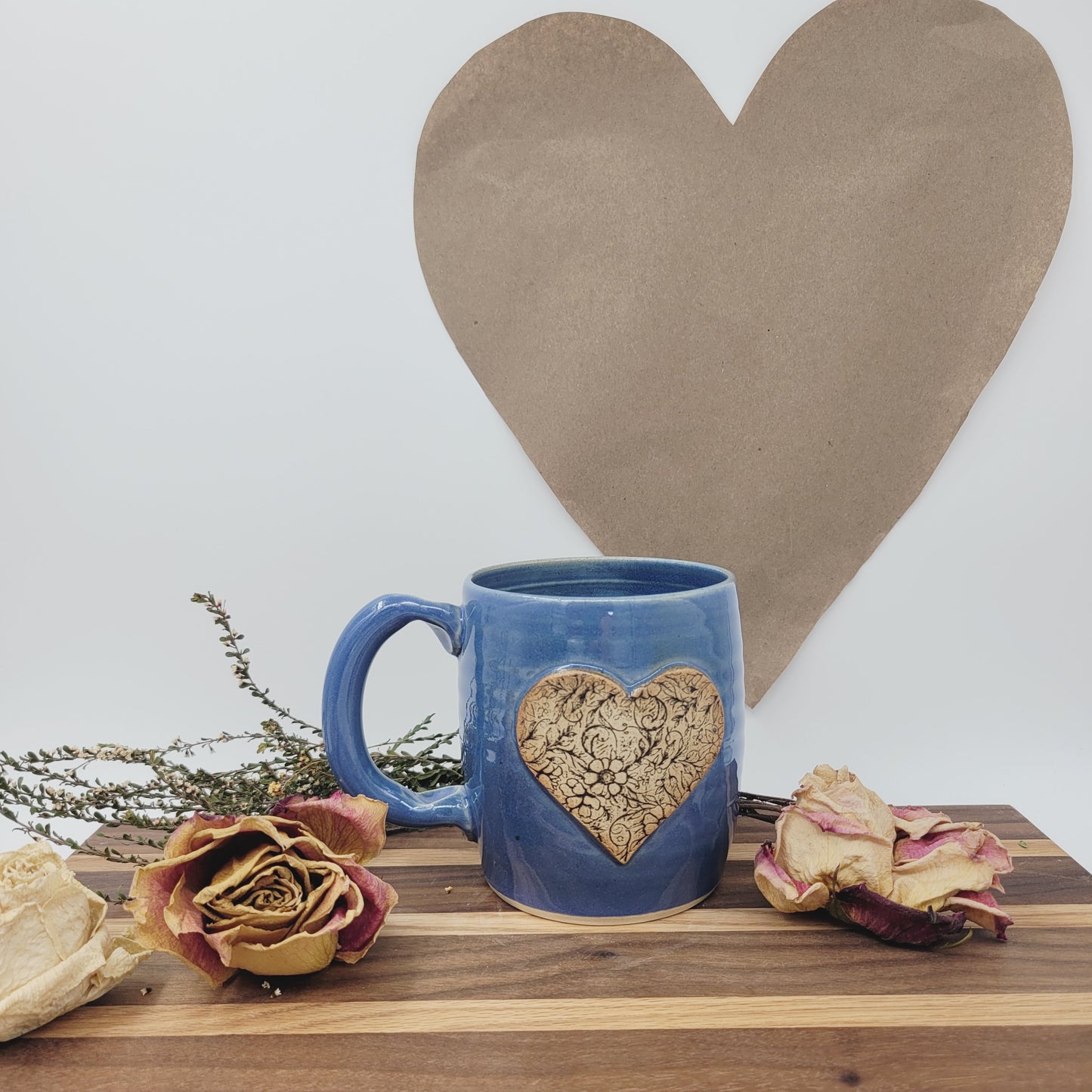 Large Heart Hot Tea Mug | Blue | Floral Pattern Design | Cute 16 Ounce Coffee Cup | Valentine's Day