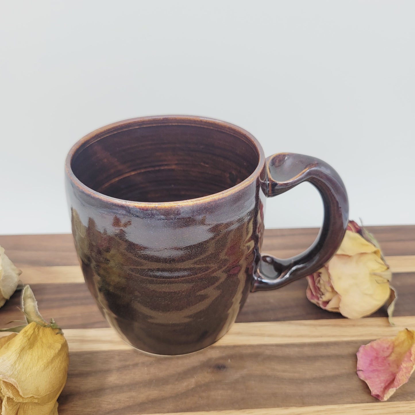 Floral Heart Hot Tea Mug | Black | Flower Pattern | 16 Ounce Coffee Cup | Handmade Pottery
