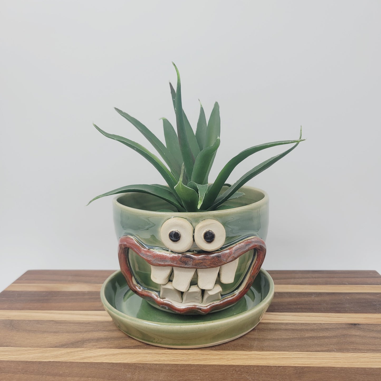 Handmade Pottery Face Planter | Cheerful Gardening Container Pot| Green | Nelson Studio Ug Chug