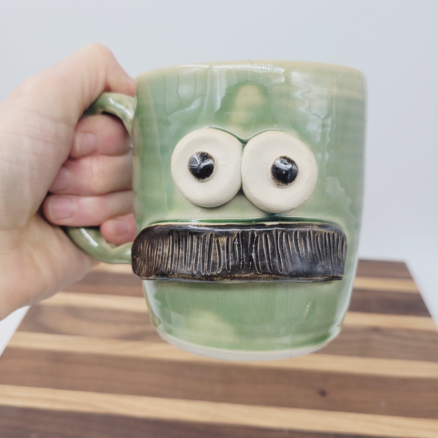 Bushy Mustache Mug | Ceramic Stoneware Pottery Coffee Cup | Microwave Dishwasher Safe | Green