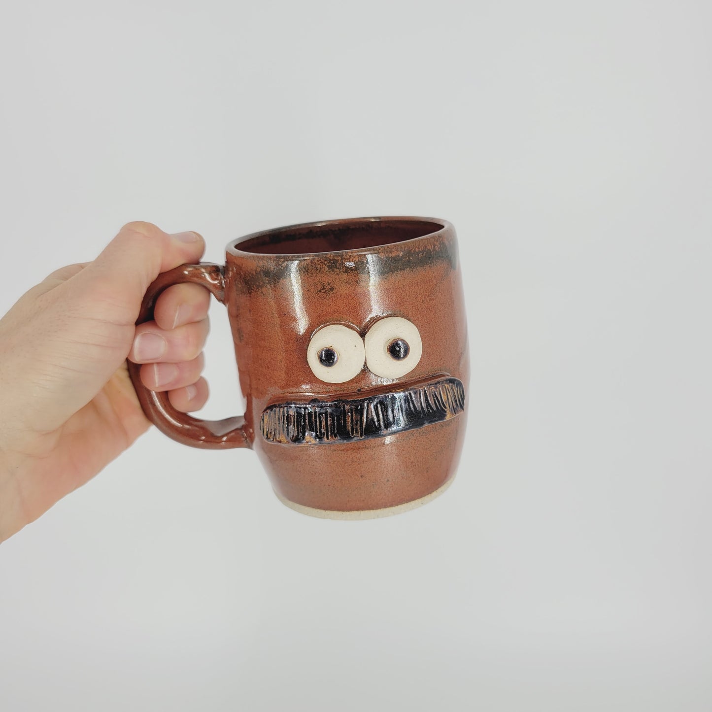 Man's Bushy Mustache Mug | Ceramic Stoneware Pottery Coffee Cup | Microwave Dishwasher Safe | Rustic Red Brown