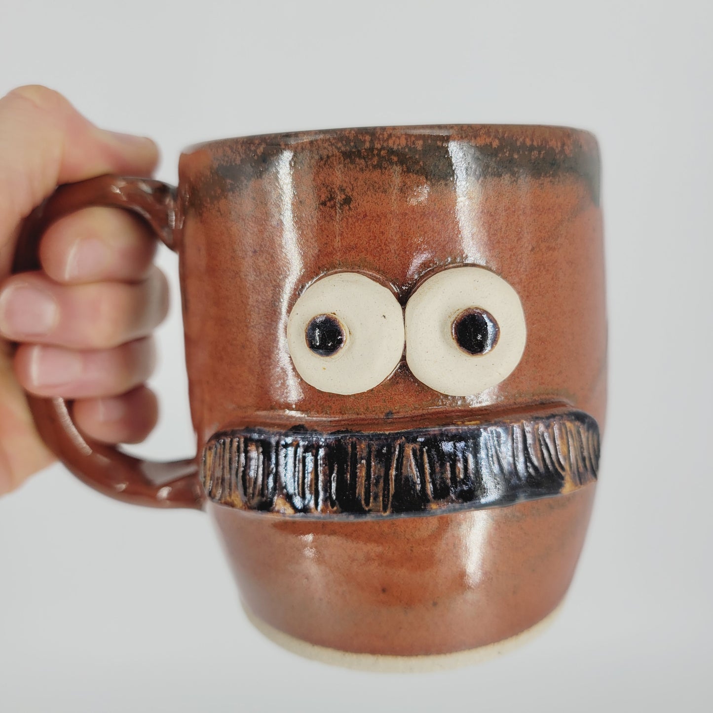 Man's Bushy Mustache Mug | Ceramic Stoneware Pottery Coffee Cup | Microwave Dishwasher Safe | Rustic Red Brown