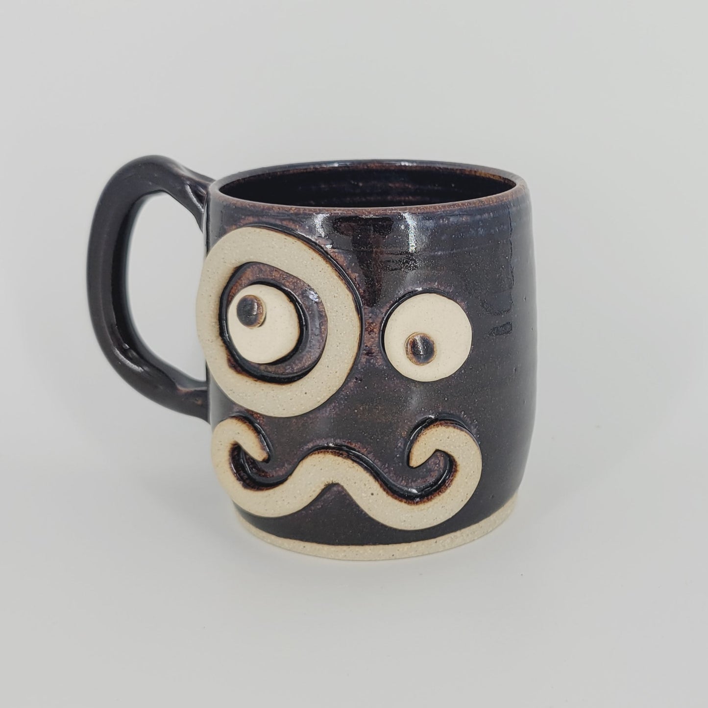 Man Mustache Mug with Monocle | Chocolate Brown Black | Medium 12 Ounces | Stoneware Clay Pottery Coffee Cup