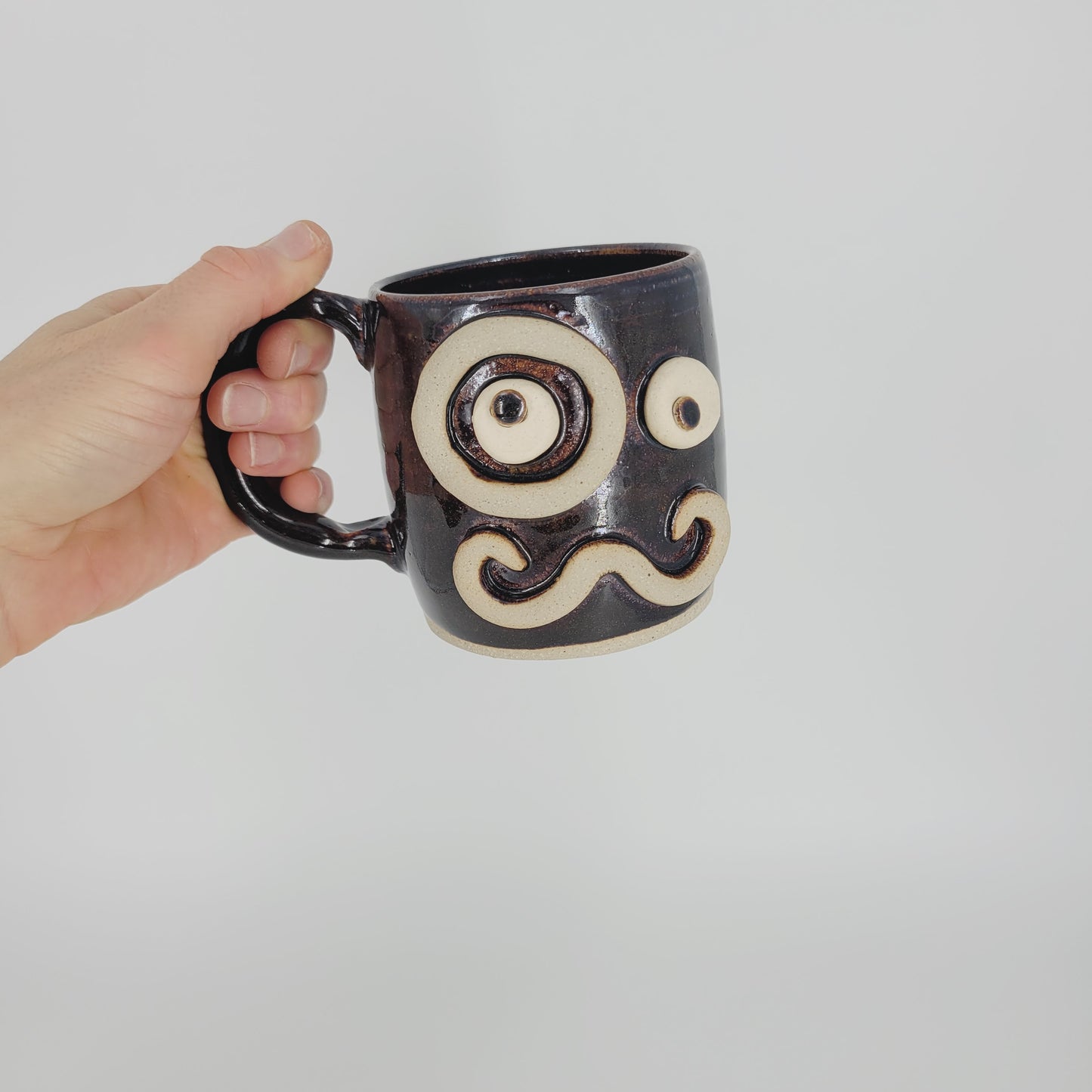 Man Mustache Mug with Monocle | Chocolate Brown Black | Medium 12 Ounces | Stoneware Clay Pottery Coffee Cup