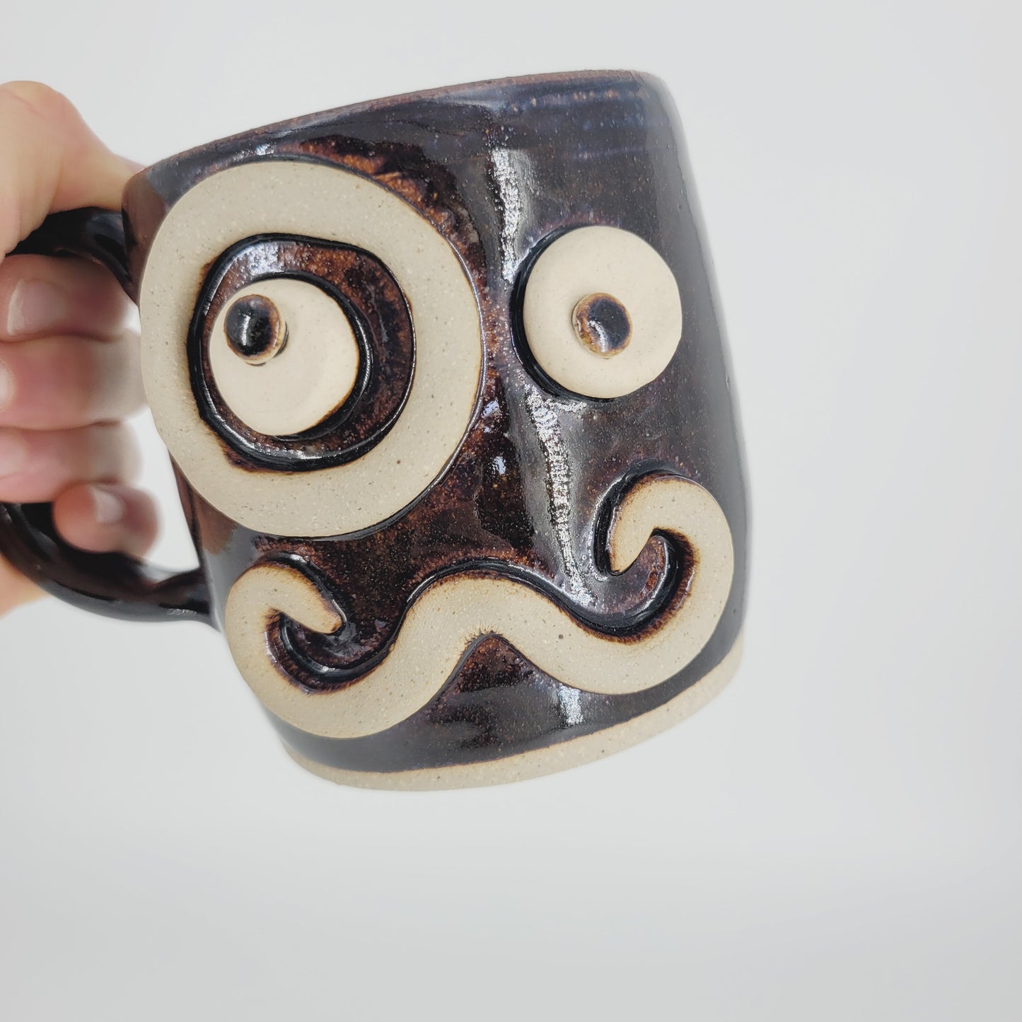 Man Mustache Mug with Monocle | Chocolate Brown Black | Medium 12 Ounces | Stoneware Clay Pottery Coffee Cup