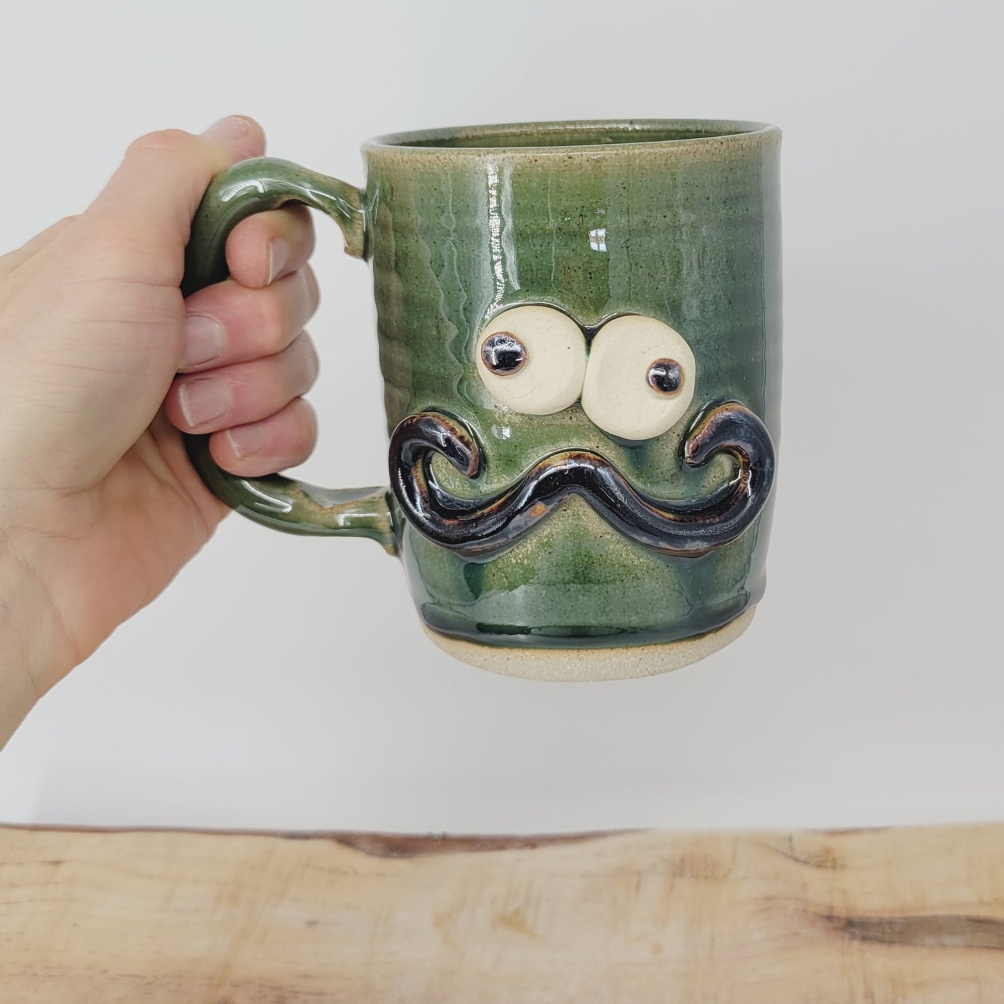 Handlebar Mustache Mug | Handcrafted Man's Pottery Coffee Cup | Microwave Dishwasher Safe | Green