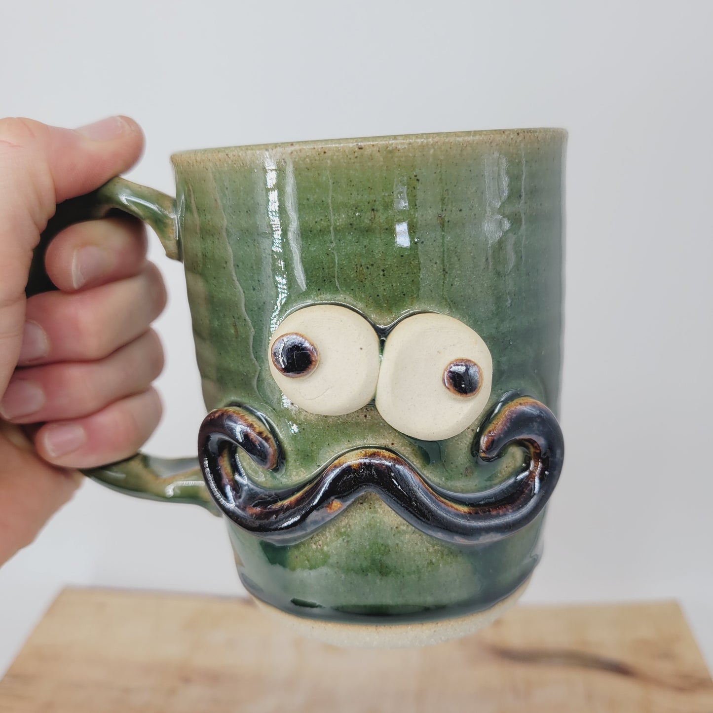 Handlebar Mustache Mug | Handcrafted Man's Pottery Coffee Cup | Microwave Dishwasher Safe | Green