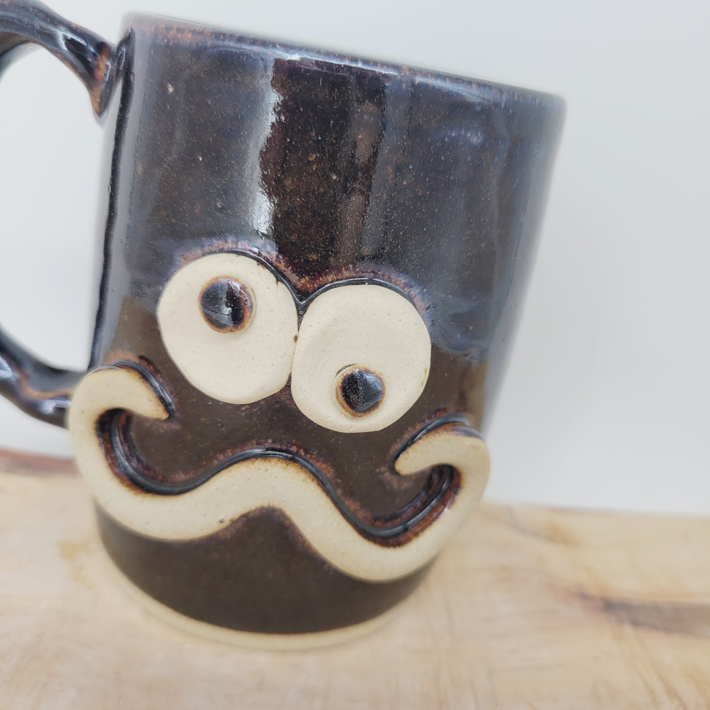 Handlebar Mustache Mug | Funny Over The Hill Man's Pottery Coffee Cup | Nelson Studio Ug Chug | Chocolate Brown Black