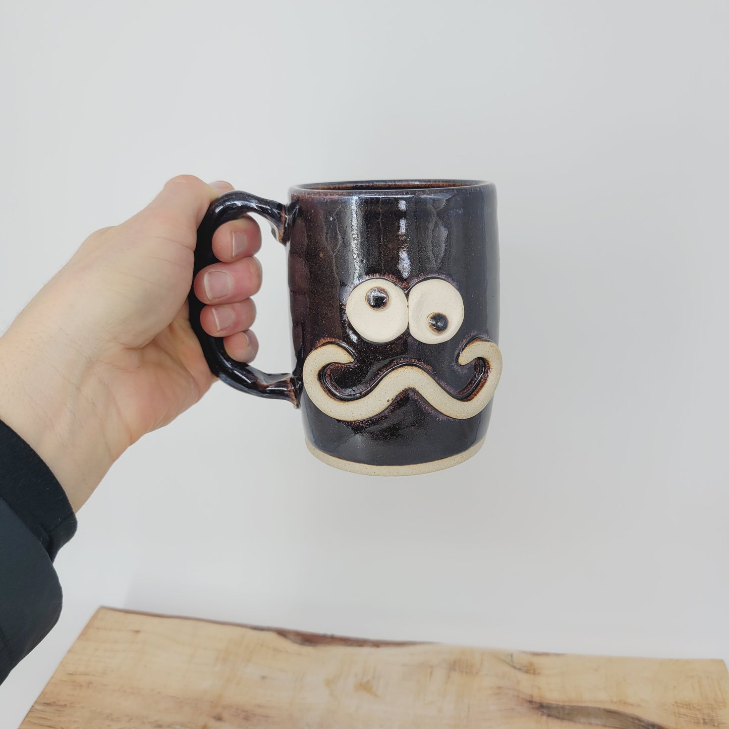 Handlebar Mustache Mug | Funny Over The Hill Man's Pottery Coffee Cup | Nelson Studio Ug Chug | Chocolate Brown Black