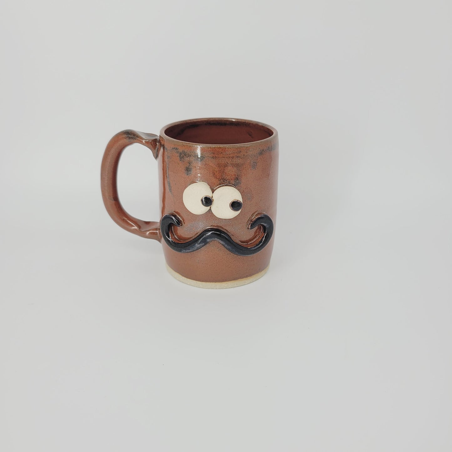 Man's Handlebar Mustache Mug | Ceramic Stoneware Pottery Coffee Cup with Face | Microwave Dishwasher Safe | Rustic Red Brown