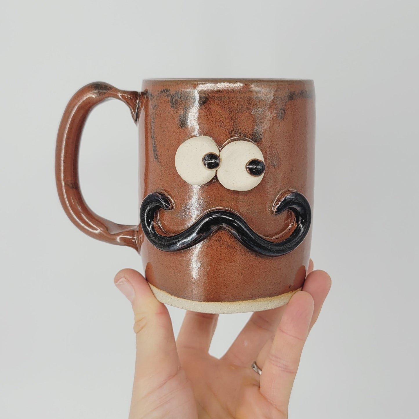 Man's Handlebar Mustache Mug | Ceramic Stoneware Pottery Coffee Cup with Face | Microwave Dishwasher Safe | Rustic Red Brown