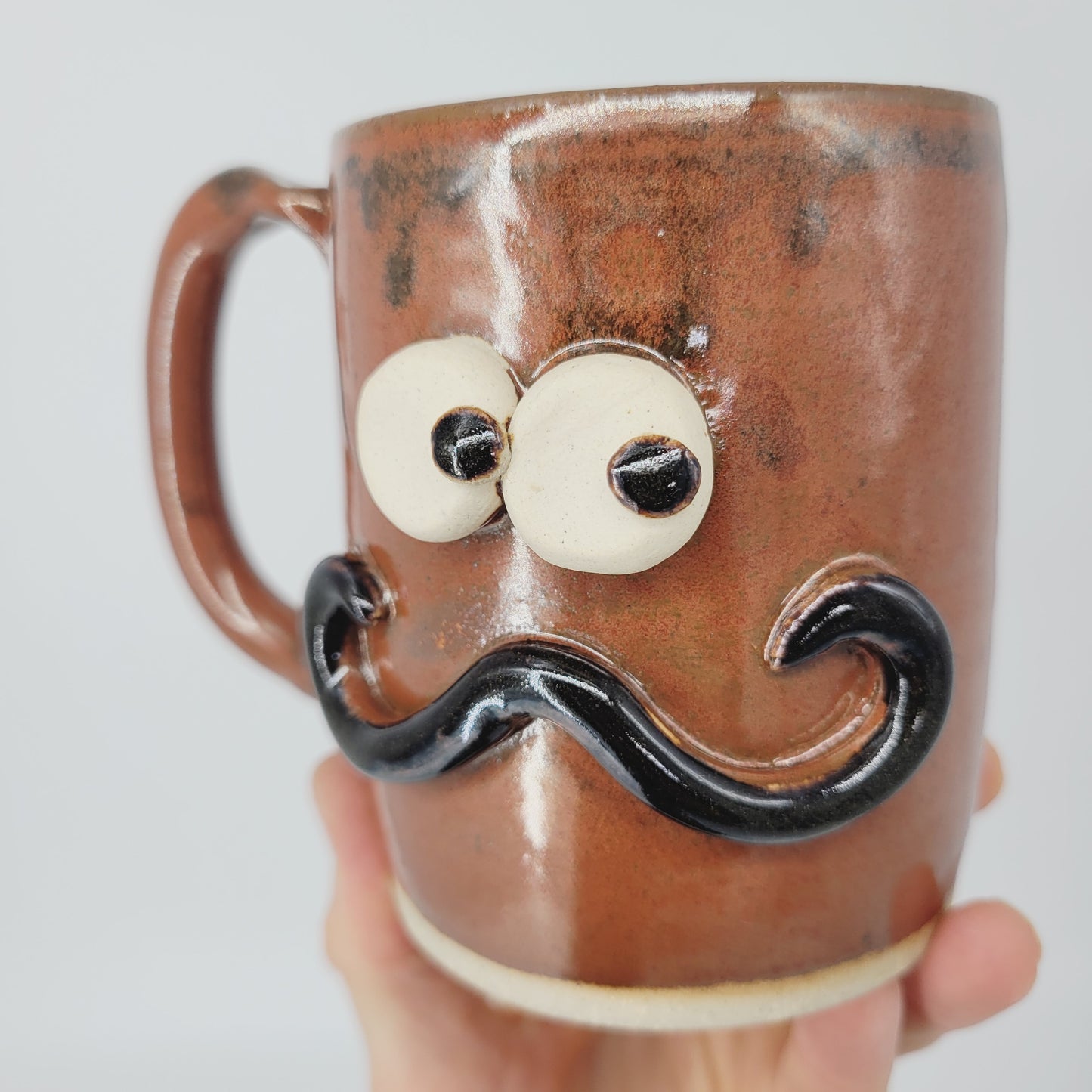 Man's Handlebar Mustache Mug | Ceramic Stoneware Pottery Coffee Cup with Face | Microwave Dishwasher Safe | Rustic Red Brown