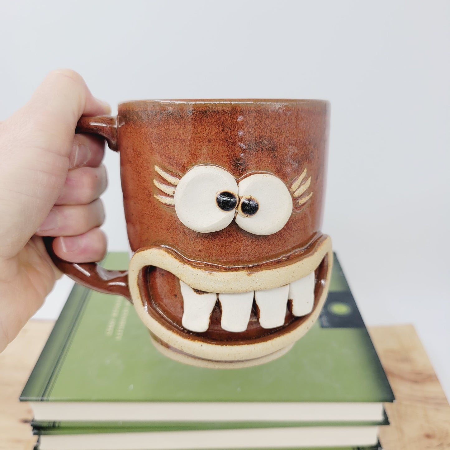 Woman's Fun Face Mug | Cheerful Ladies Coffee Cup | Microwave Dishwasher Safe | Rustic Red Brown