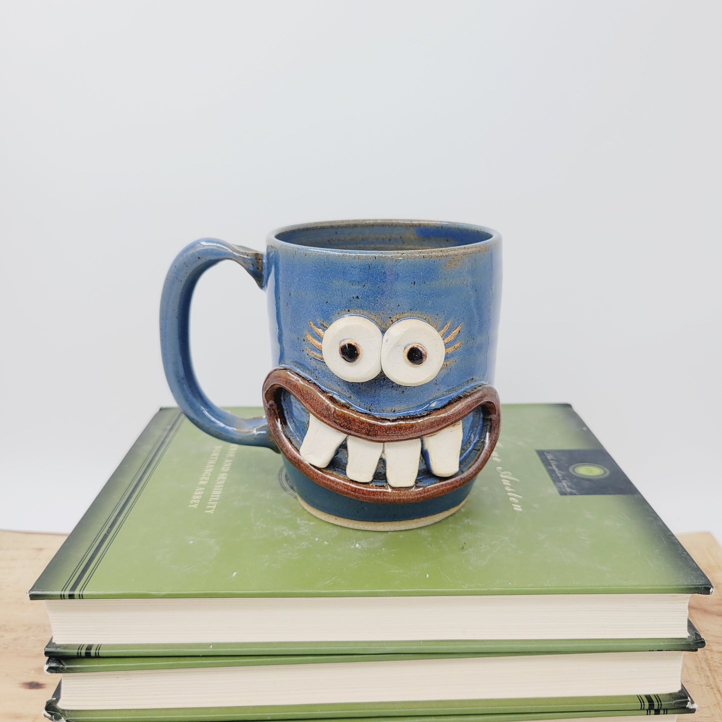 MONDAY Morning Mug | Funny Face Coffee Cup | 16 OZ Blue | Unique Handmade Stoneware Pottery