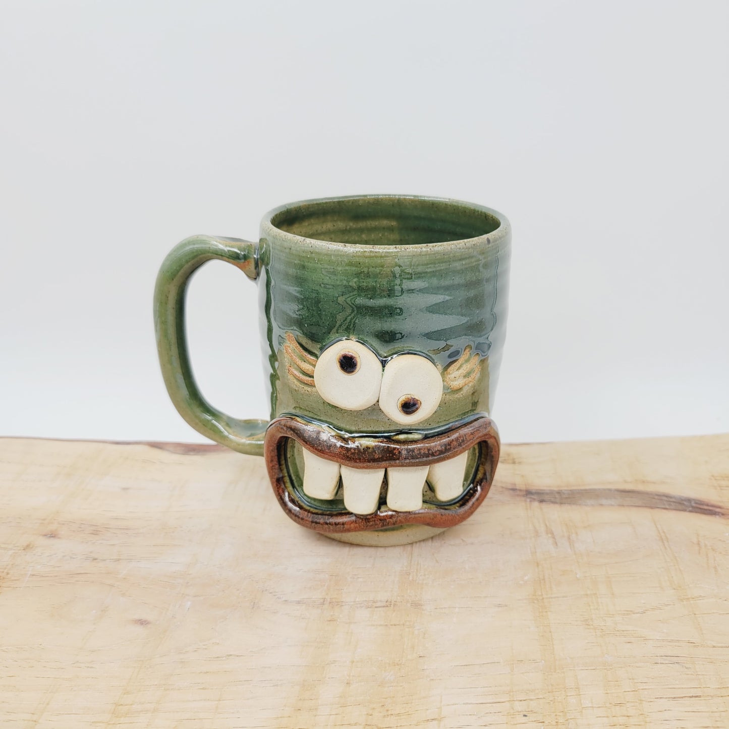 Crazy Coffee Cup| Funny Woman Smiley Face | 16 OZ Green | Unique Handmade Stoneware Pottery