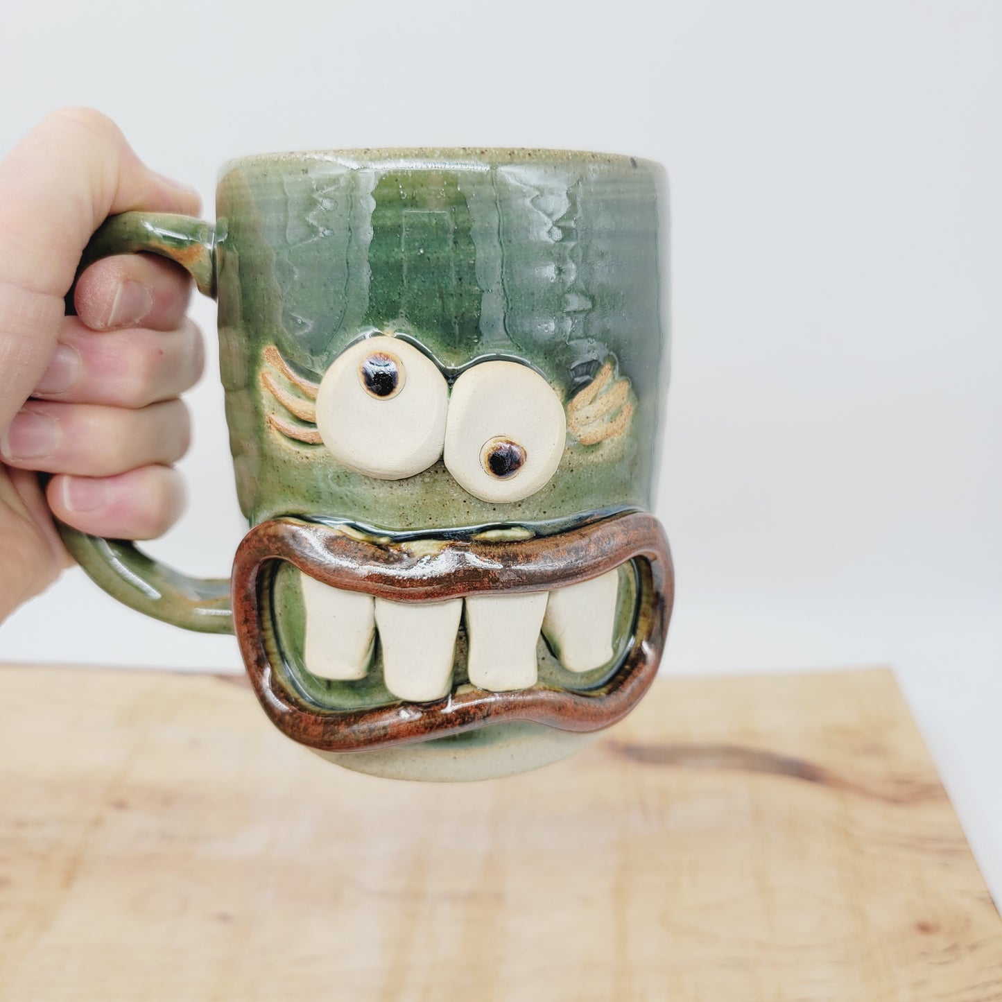 Crazy Coffee Cup| Funny Woman Smiley Face | 16 OZ Green | Unique Handmade Stoneware Pottery