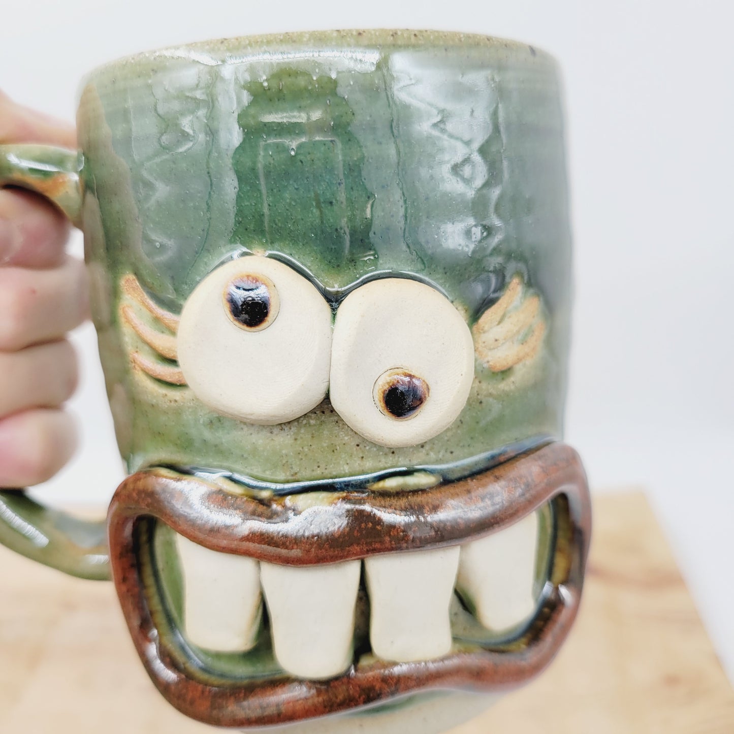 Crazy Coffee Cup| Funny Woman Smiley Face | 16 OZ Green | Unique Handmade Stoneware Pottery