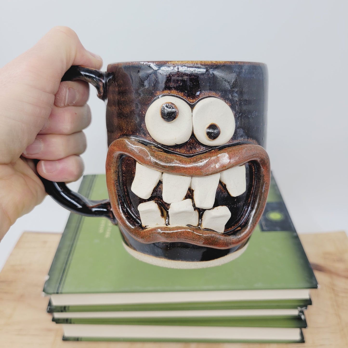 Taco Lover Coffee Cup | Handmade Pottery Face Mug | Funny Man Gift | Ceramic Stoneware | 16 Ounces Large | Chocolate