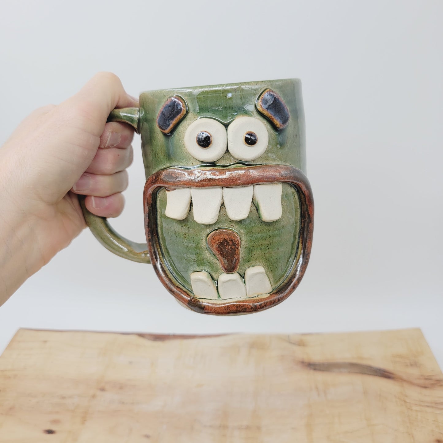 Smell of Fresh Coffee | Extra 20 Oz Large Smiley Face Mug | Green Beer Tankard | Handmade Stoneware Pottery | Nelson Studio Ug Chug