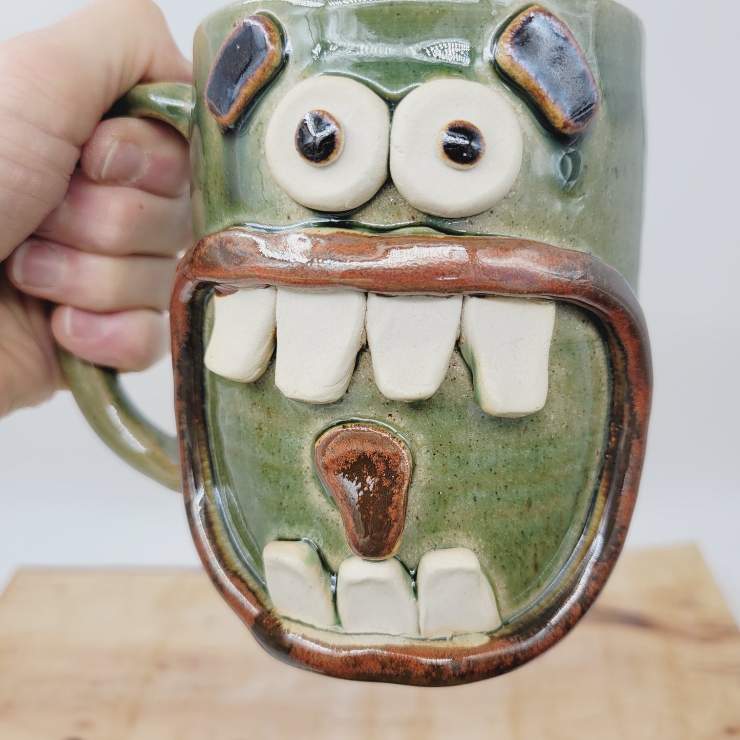 Smell of Fresh Coffee | Extra 20 Oz Large Smiley Face Mug | Green Beer Tankard | Handmade Stoneware Pottery | Nelson Studio Ug Chug