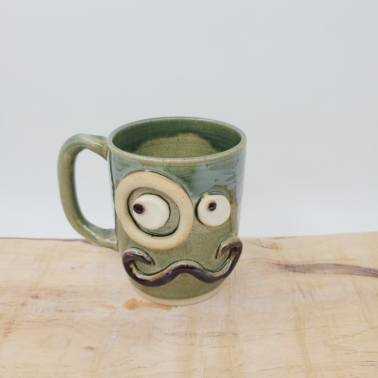 Handlebar Mustache Mug with Monocle | Green Ug Chug Face Mug | Large 16 Ounces | Stoneware Pottery Coffee Cup