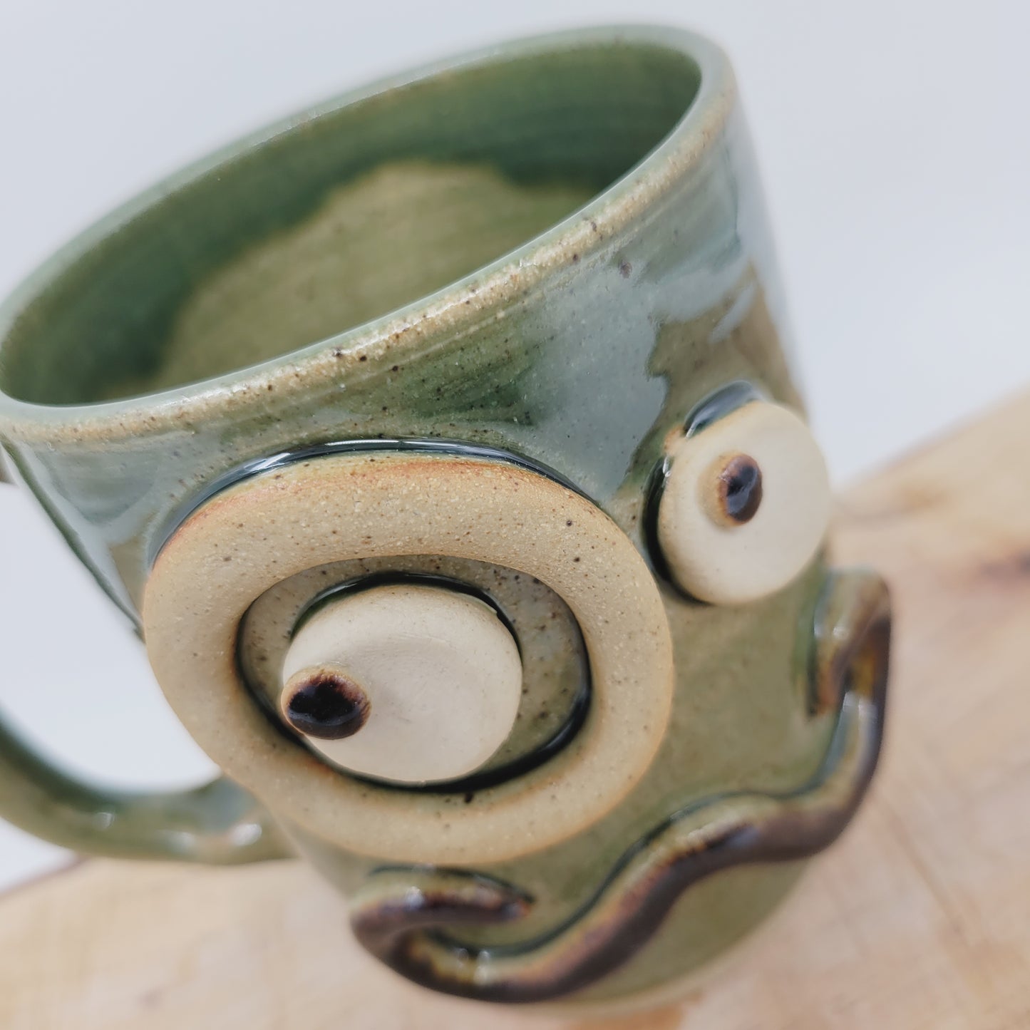 Handlebar Mustache Mug with Monocle | Green Ug Chug Face Mug | Large 16 Ounces | Stoneware Pottery Coffee Cup