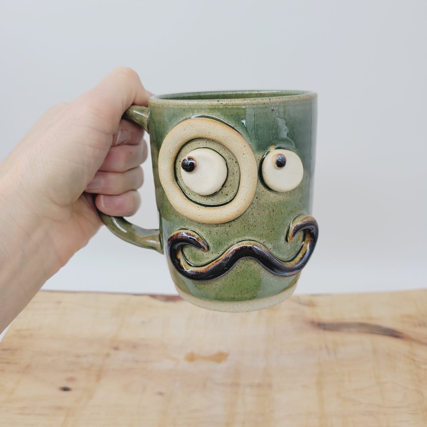 Handlebar Mustache Mug with Monocle | Green Ug Chug Face Mug | Large 16 Ounces | Stoneware Pottery Coffee Cup