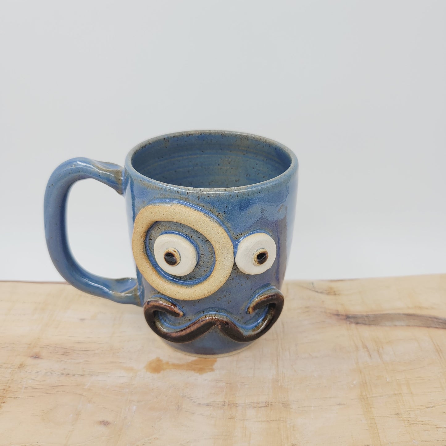 Man's Coffee Cup with Monocle and Handlebar Mustache | Blue Ug Chug Face Mug | Large 16 Oz | Stoneware Pottery