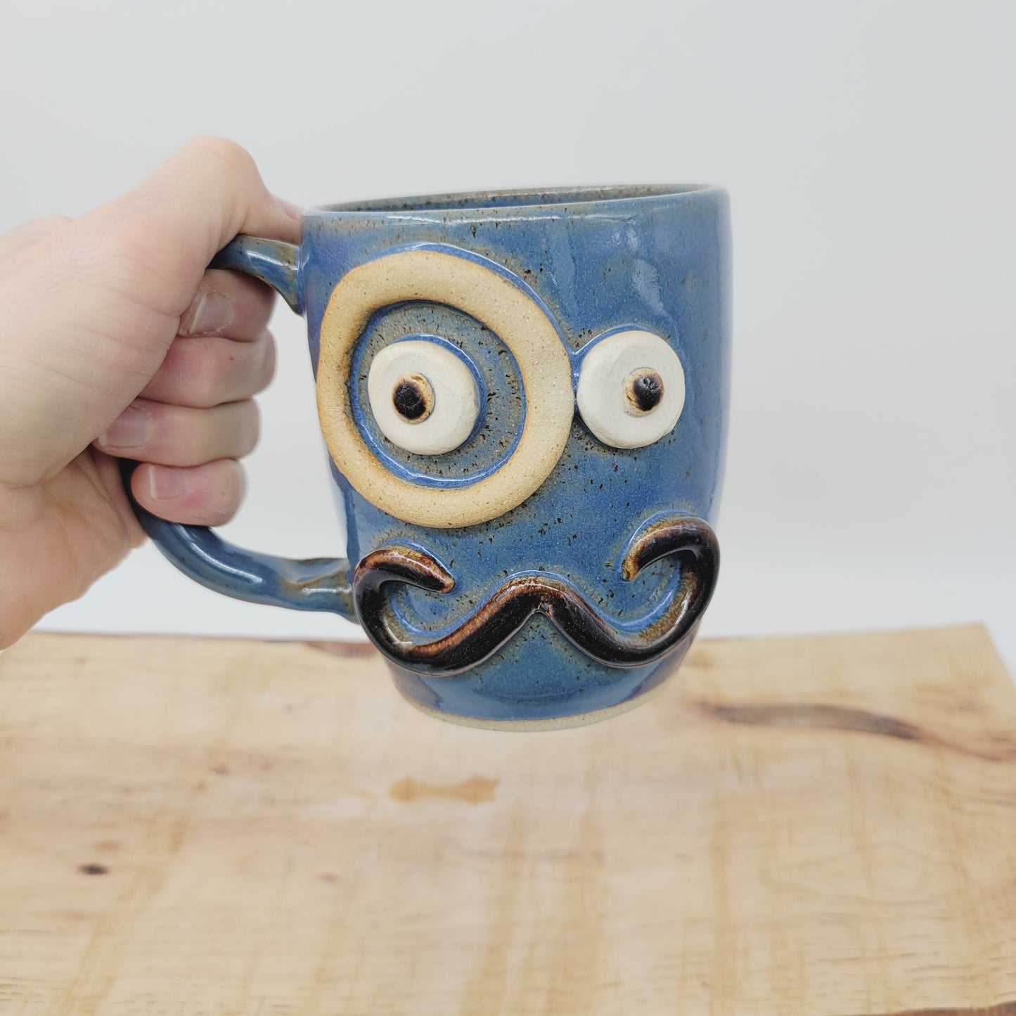 Man's Coffee Cup with Monocle and Handlebar Mustache | Blue Ug Chug Face Mug | Large 16 Oz | Stoneware Pottery