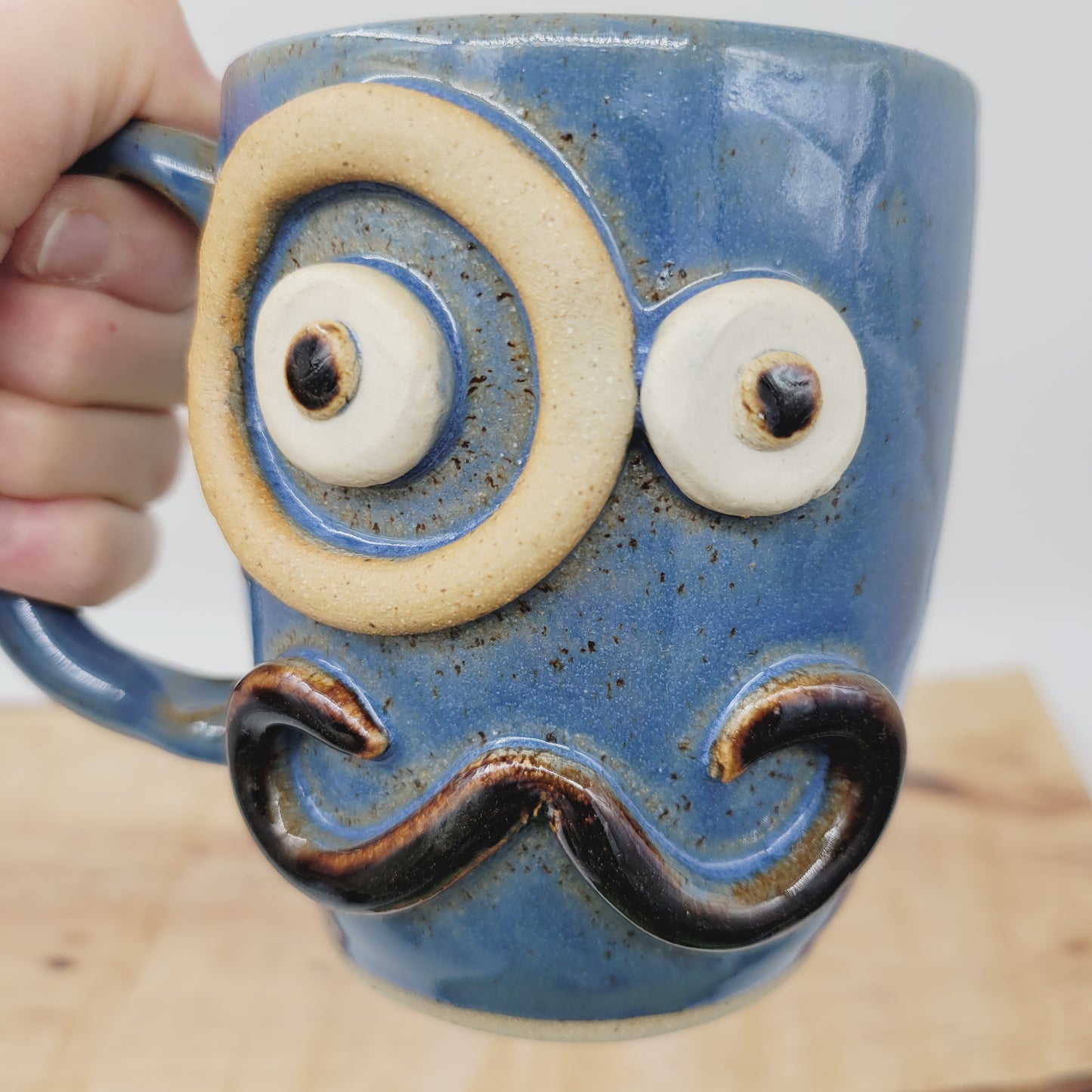 Man's Coffee Cup with Monocle and Handlebar Mustache | Blue Ug Chug Face Mug | Large 16 Oz | Stoneware Pottery