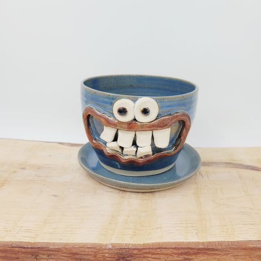 Stoneware Clay Planter | Funny Smiley Face Pot| Blue | Nelson Studio Ug Chug Handmade Pottery