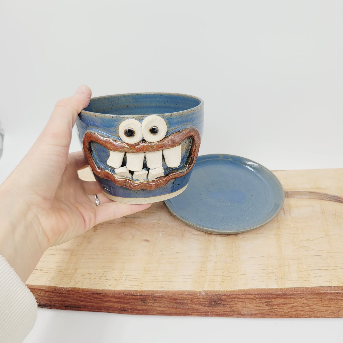 Stoneware Clay Planter | Funny Smiley Face Pot| Blue | Nelson Studio Ug Chug Handmade Pottery