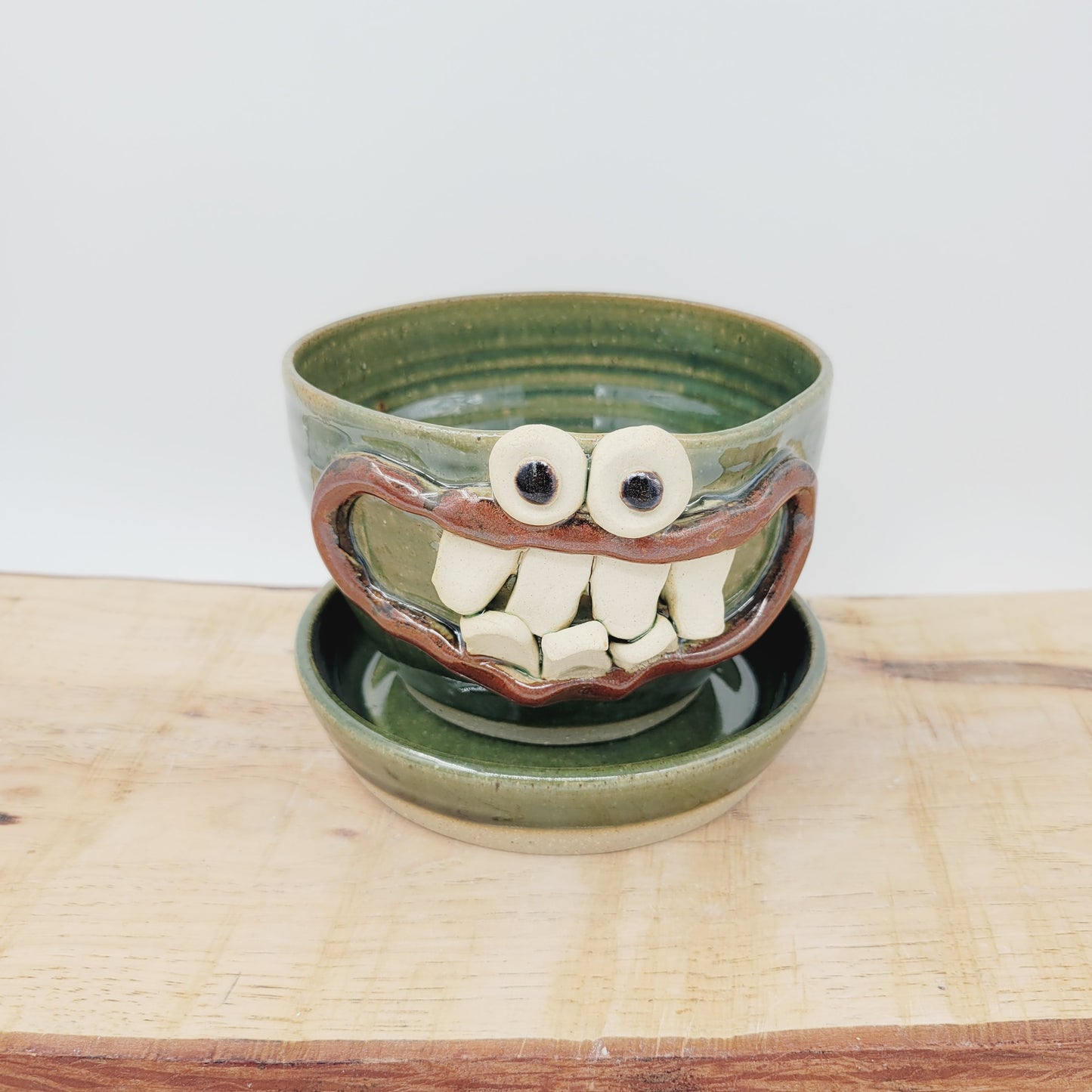 Handmade Pottery Face Planter | Cheerful Gardening Container Pot| Green | Nelson Studio Ug Chug