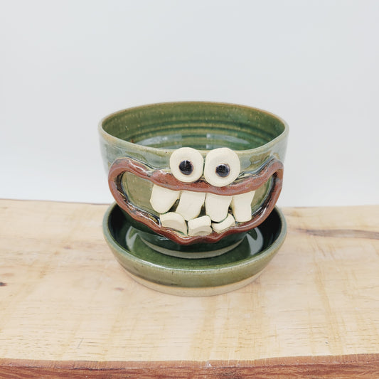 Handmade Pottery Face Planter | Cheerful Gardening Container Pot| Green | Nelson Studio Ug Chug