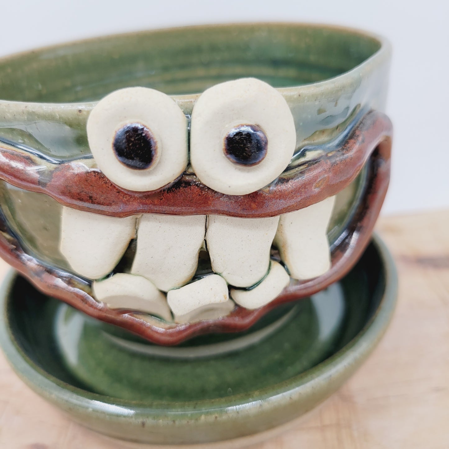 Handmade Pottery Face Planter | Cheerful Gardening Container Pot| Green | Nelson Studio Ug Chug