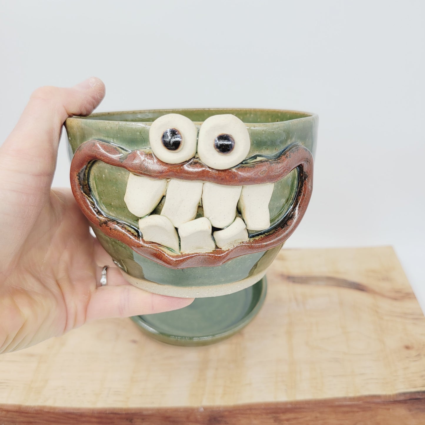 Handmade Pottery Face Planter | Cheerful Gardening Container Pot| Green | Nelson Studio Ug Chug