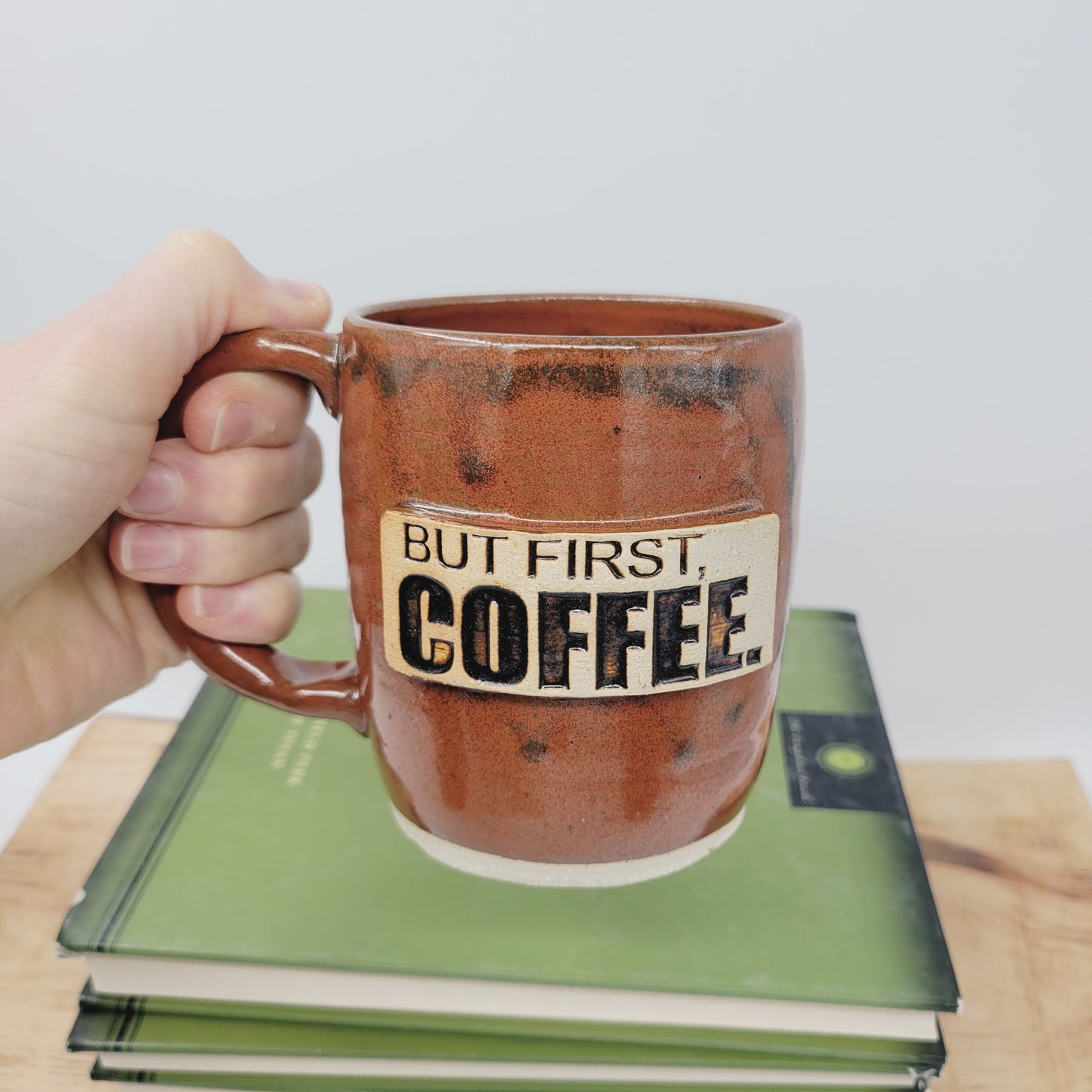 But First Coffee Mug | Large 16 Oz Coffee Cup | Handmade Stoneware Pottery | Nelson Studio | Rustic Red