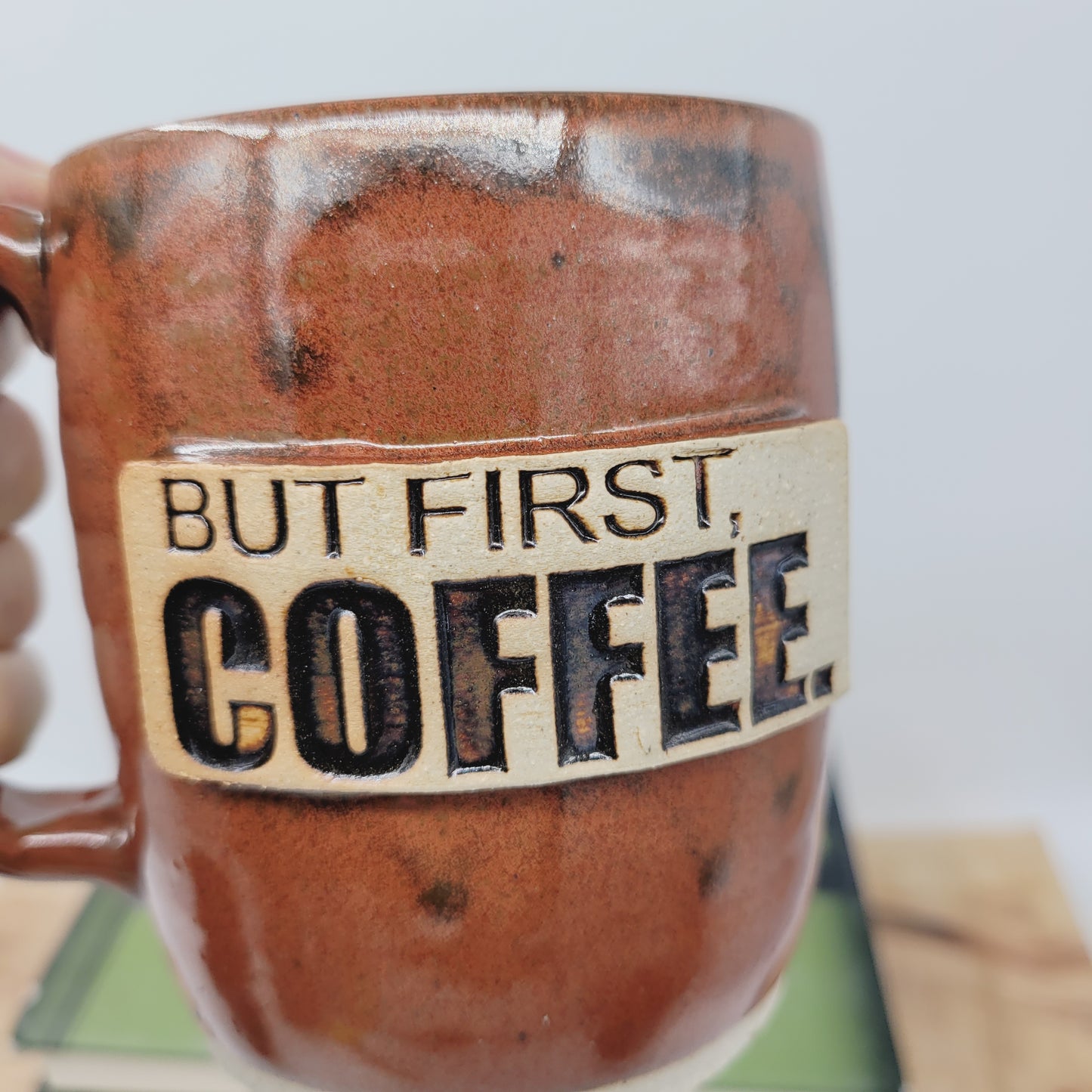 But First Coffee Mug | Large 16 Oz Coffee Cup | Handmade Stoneware Pottery | Nelson Studio | Rustic Red