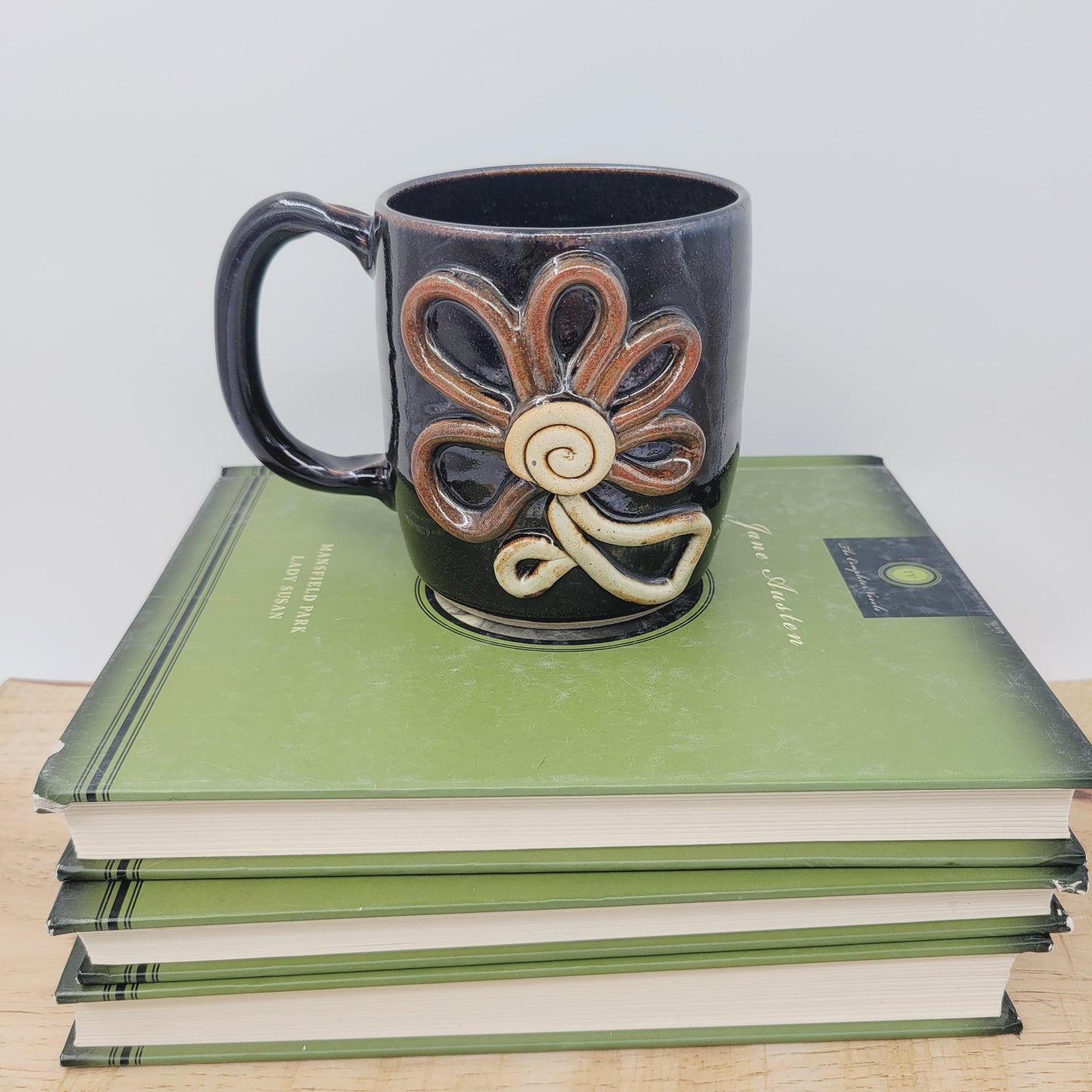 Springtime Large Flower Coffee Cup | Chocolate Black | 16 Ounce Mug | Handmade Stoneware Pottery