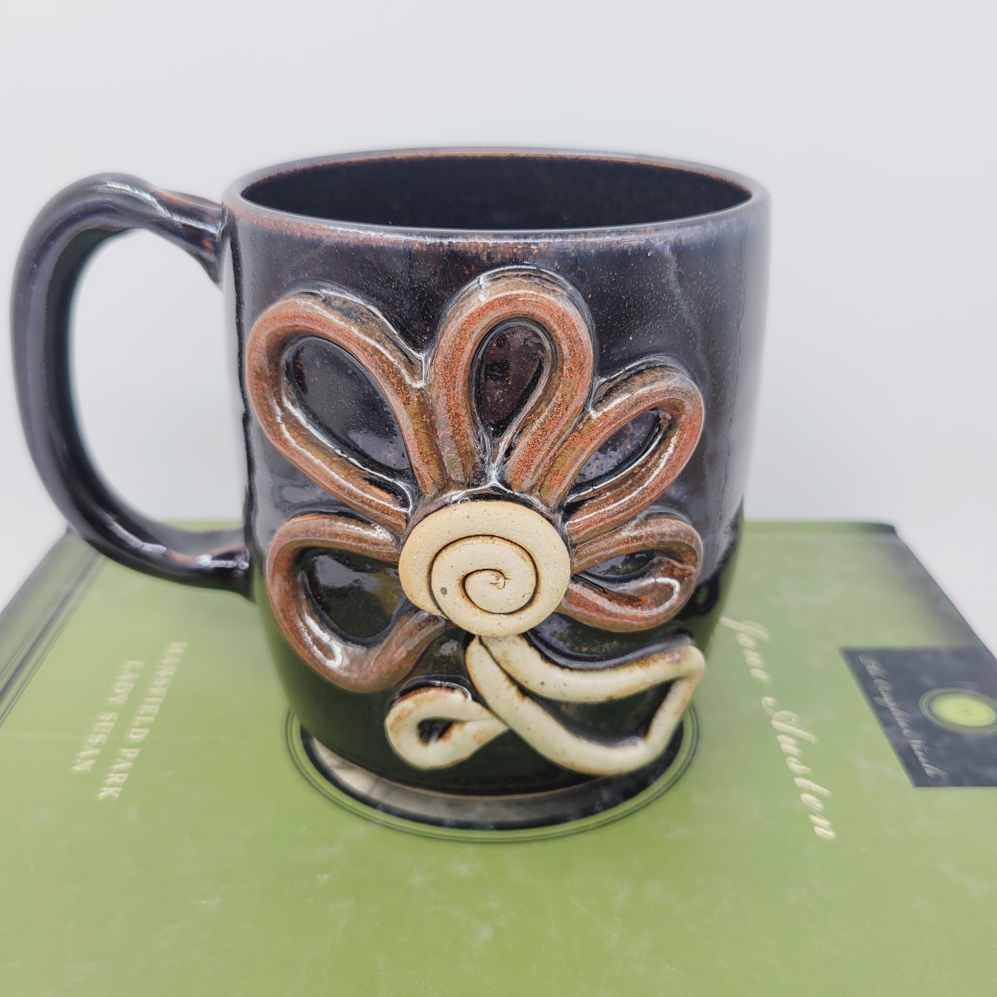 Springtime Large Flower Coffee Cup | Chocolate Black | 16 Ounce Mug | Handmade Stoneware Pottery