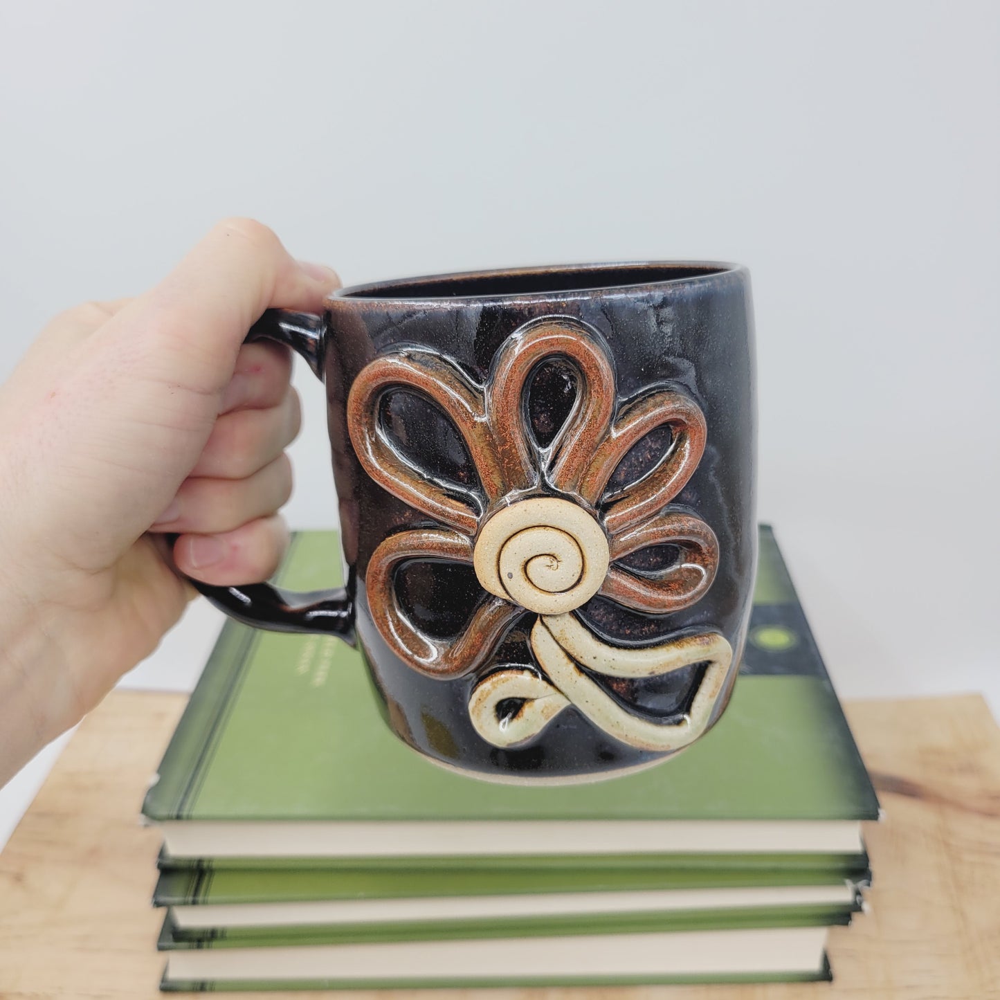 Springtime Large Flower Coffee Cup | Chocolate Black | 16 Ounce Mug | Handmade Stoneware Pottery