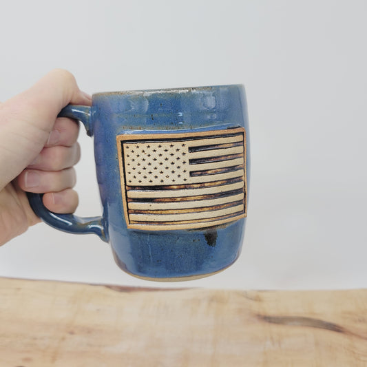 American Flag Mug | USA Coffee Cup | Handmade Stoneware Pottery | Nelson Studio | Blue | 16 Oz