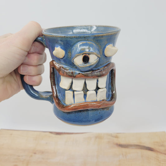 Monster Mug with Horns | Handmade Pottery Coffee Cups | Funny Creature Cyclops Face Mug | 12 Oz |  Blue