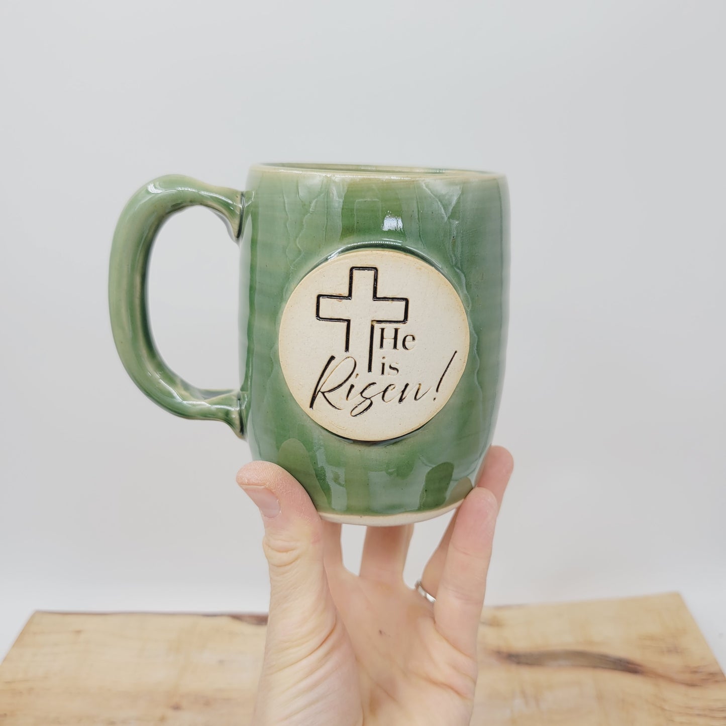 He Is Risen! Easter Mug | Handmade Pottery | Christian Coffee Cup | Green | 16 Oz