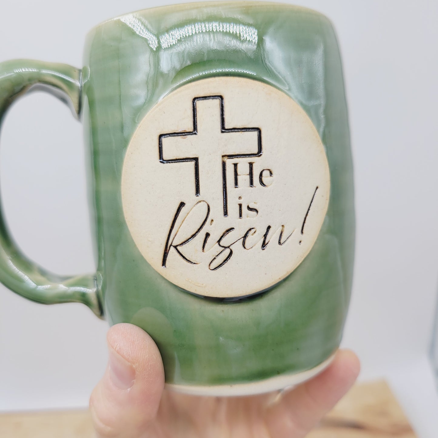 He Is Risen! Easter Mug | Handmade Pottery | Christian Coffee Cup | Green | 16 Oz