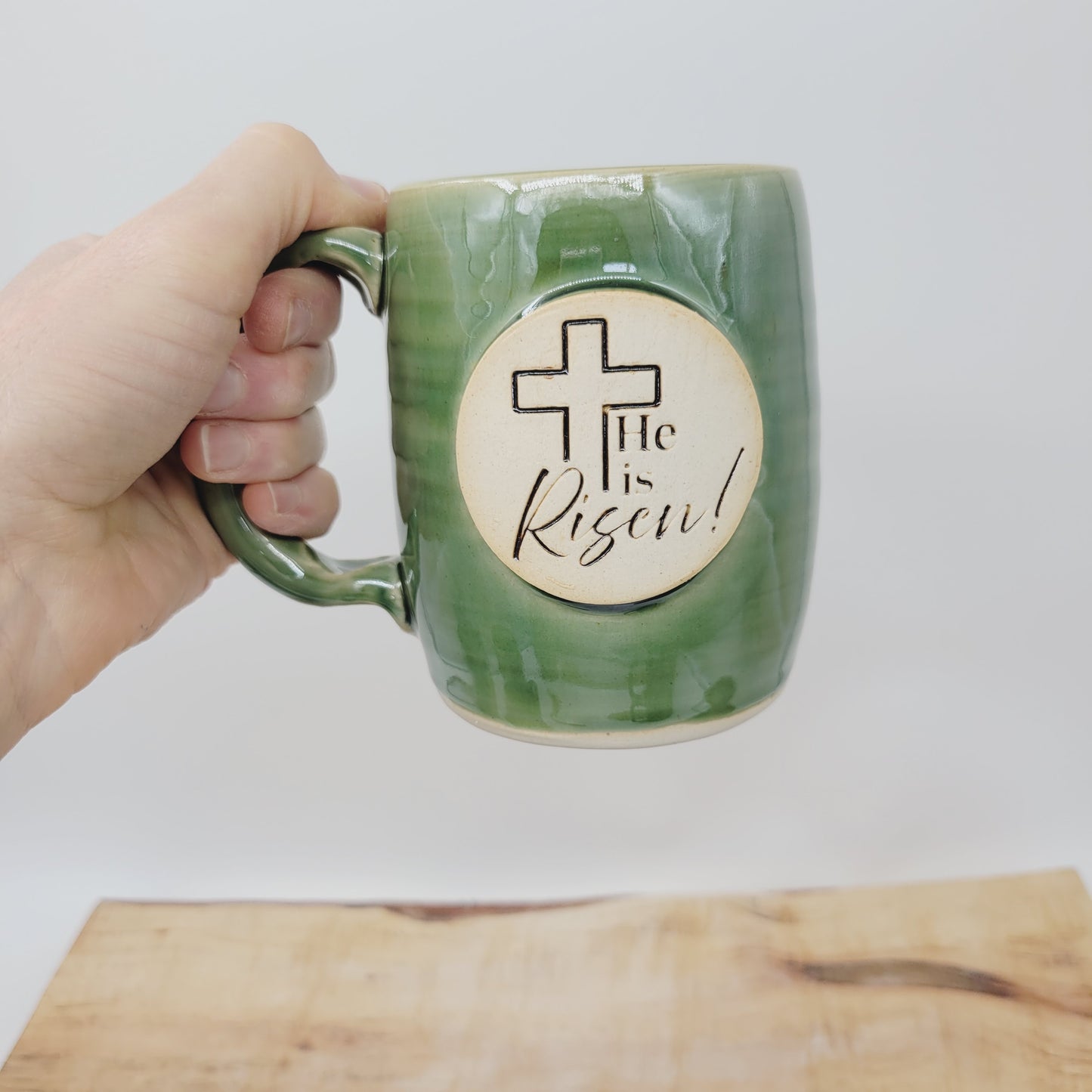 He Is Risen! Easter Mug | Handmade Pottery | Christian Coffee Cup | Green | 16 Oz