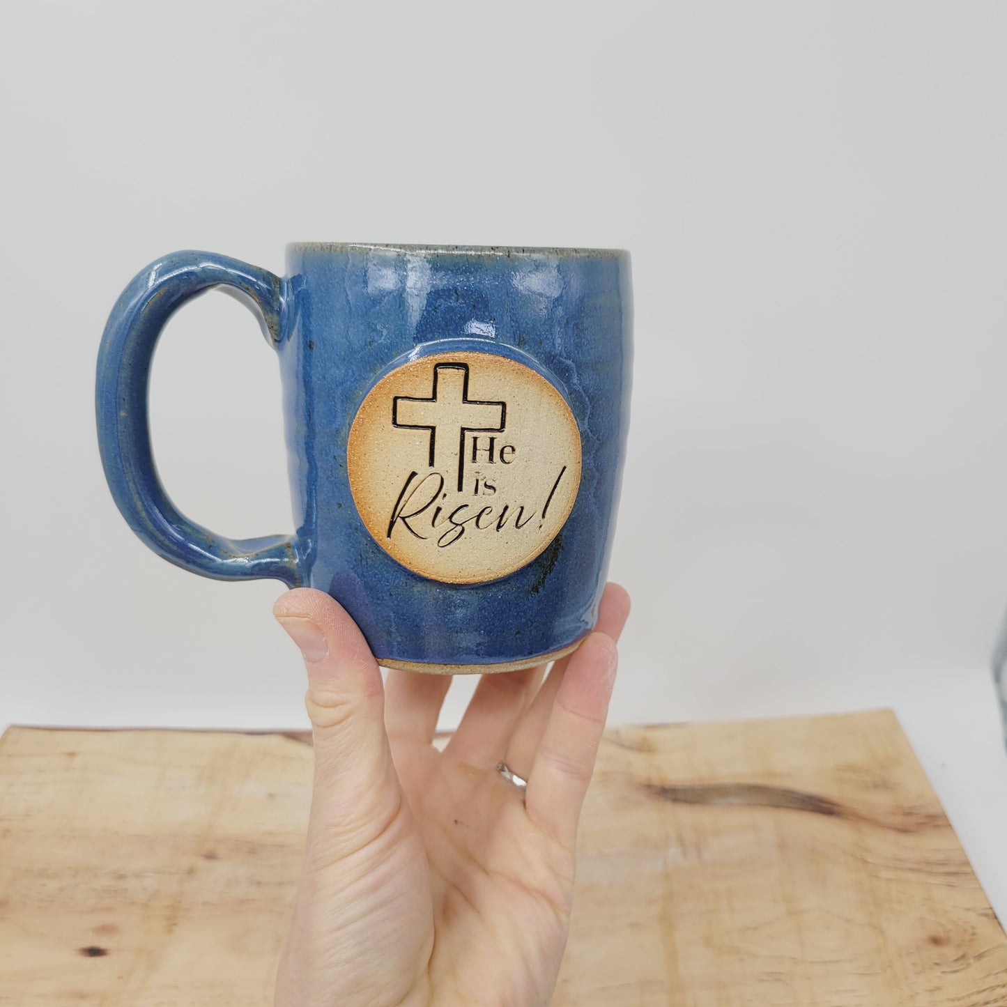 Easter Mug | Handmade Pottery Coffee Cup | He is Risen! | Christian Gifts | Blue | 16 Oz