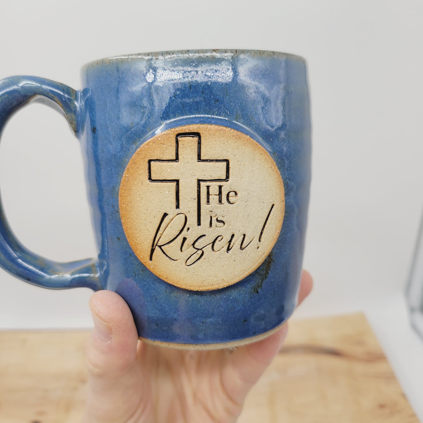 Easter Mug | Handmade Pottery Coffee Cup | He is Risen! | Christian Gifts | Blue | 16 Oz